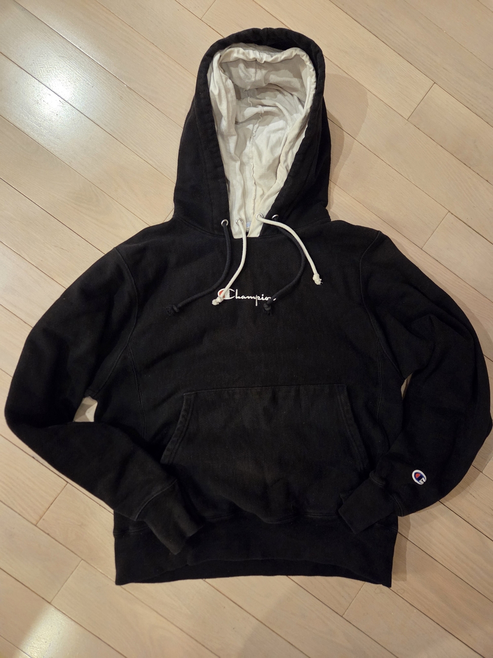 Champion Black Crewneck Hoodie with Cream Lined Hood